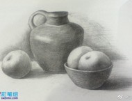 素描陶瓷罐子与水果组合静物示范