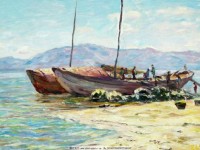 俄罗斯画家风景油画《海边的渔船》